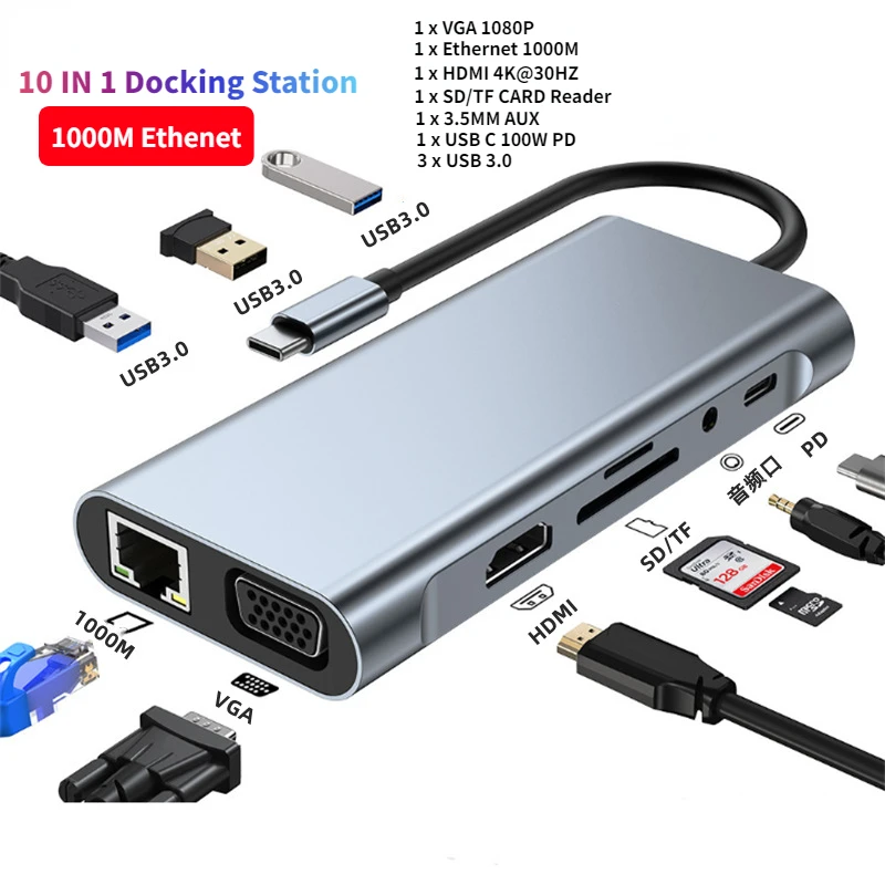 

Док-станция 10 в 1, USB C на HDMI, 4K, VGA, RJ45, 1000 м