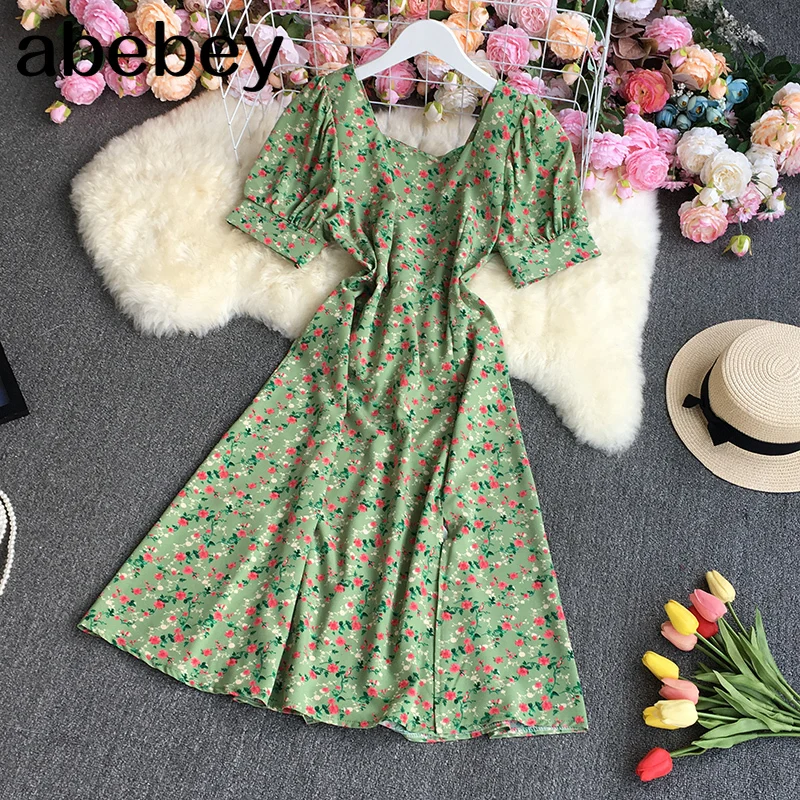 

Женское плиссированное платье-трапеция средней длины, платье с коротким рукавом, квадратным вырезом, высокой талией и цветочным принтом, ве...