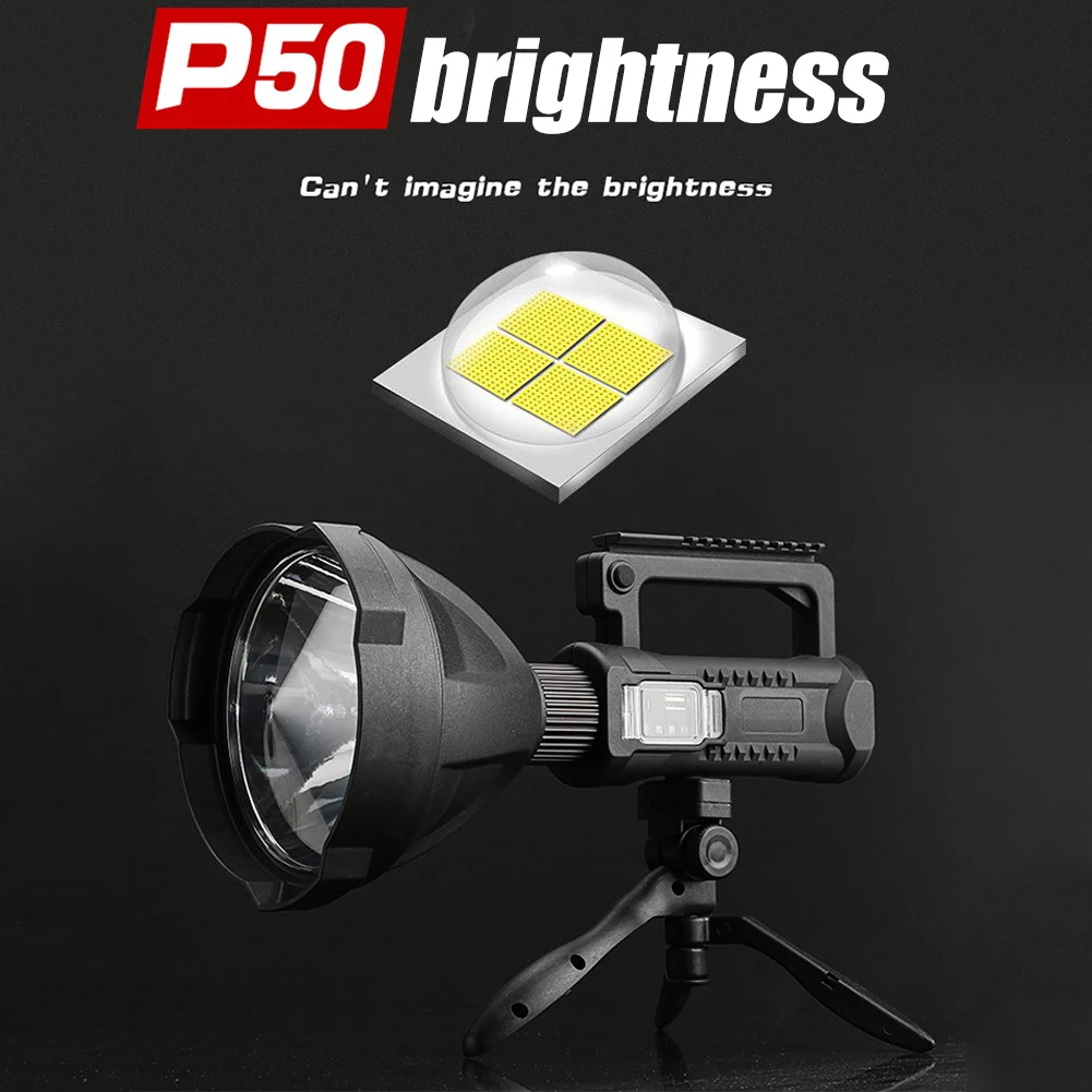 

Powerful P50 Flashlight Handheld Searchlight Bracket USB Rechargeable Torch Light Portable High Power LED Spotlight Power Bank