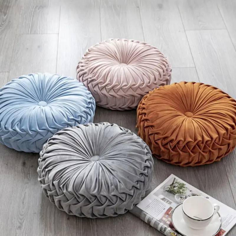 Round Pleated Cushion Floor Cushion Pillow Velvet Fabric Back Cushion Sofa Pad Bed Pillow Outdoor Garden Mat Futon