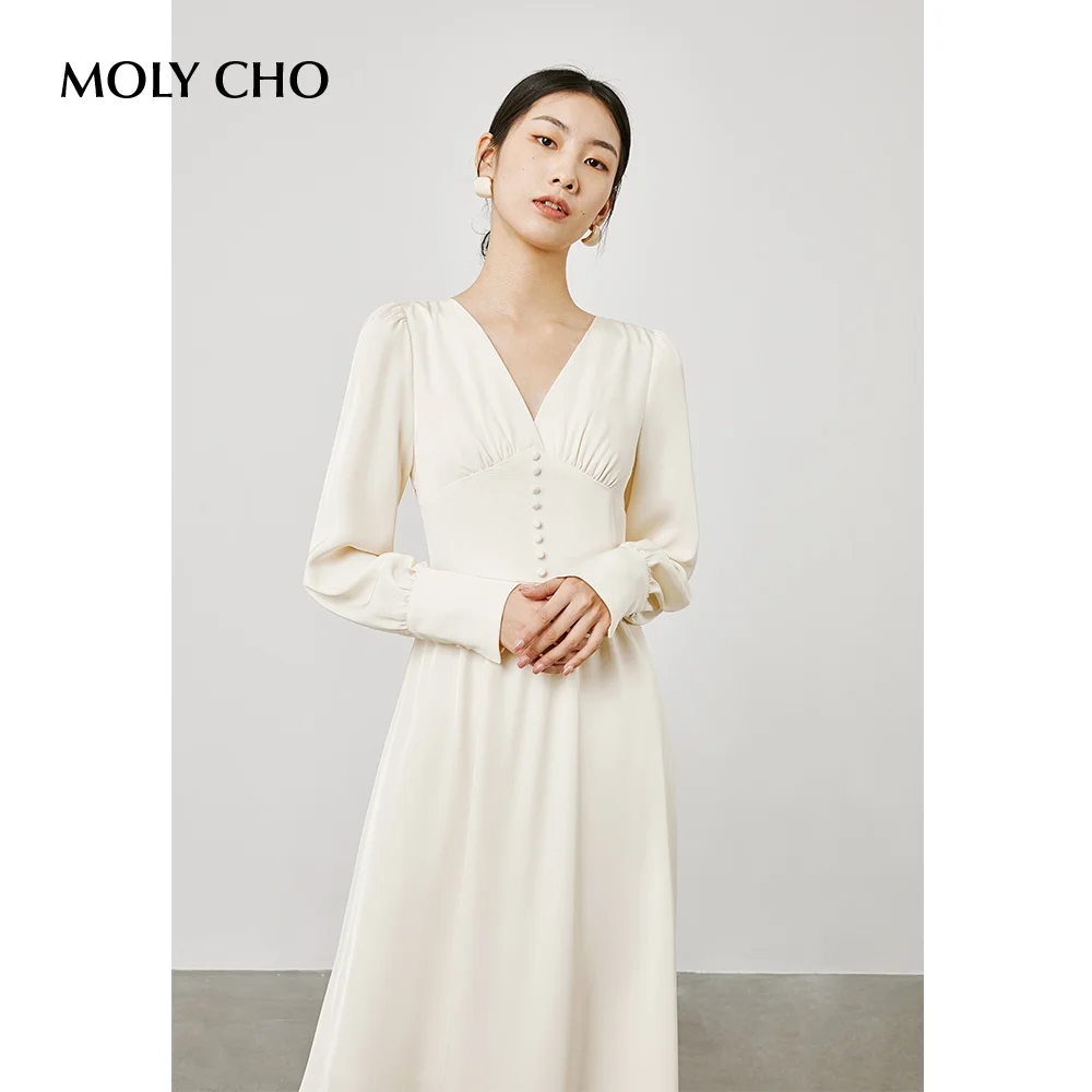 French V-neck waistband long sleeved dress for women in spring and autumn, long style, elegant and elegant, long