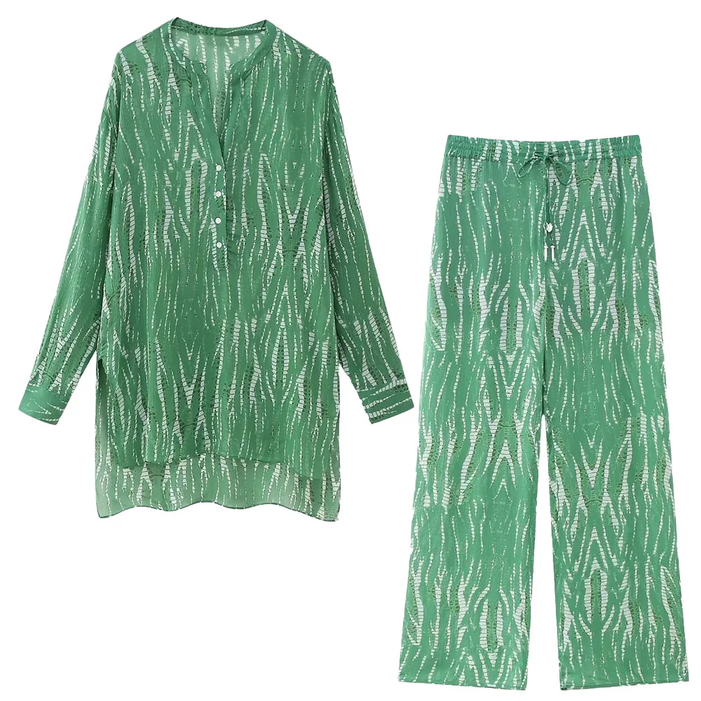 

Early autumn new fashion women's casual vacation style V-neck long-sleeved printed long shirt + high waist long trousers