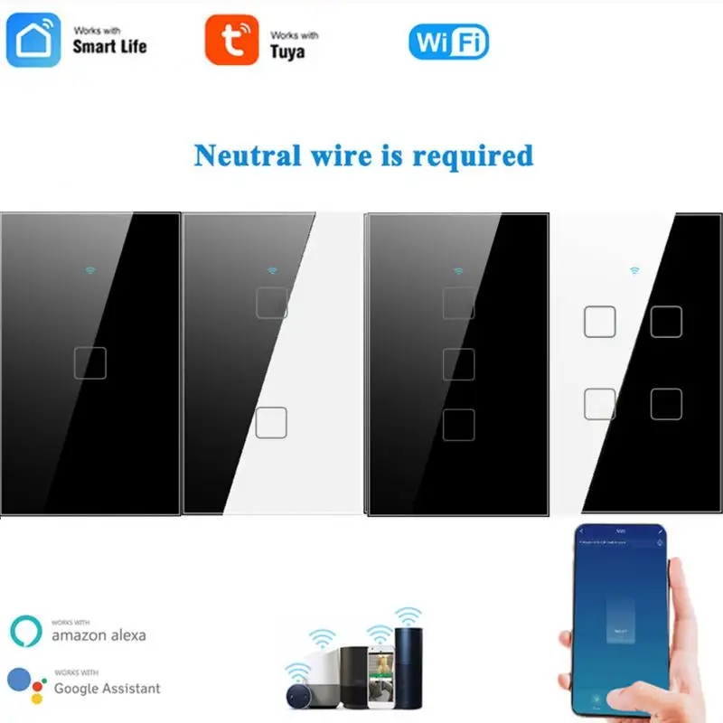 

App Remote Control Smart Touch Switch Voice Control 1/2/3gang Wifi Switch 100-240v Light Wall Button For Alexa And Google Home