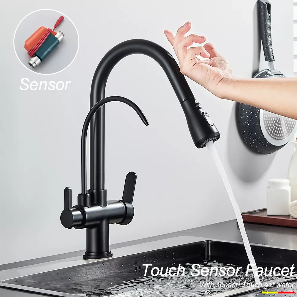 

Black Touch Sensor Filter Water Kitchen Faucet Put Out Dual Handle Three Modes Hot Cold Drinking Water Sink Mixer Taps