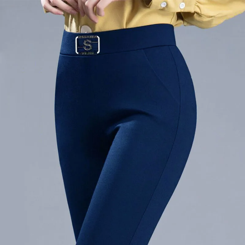 Spring Autumn Korean Fashion Pencil Women's Pants Ladies Solid High Waist Diamonds Elastic Straight Pants Female Slim Trousers