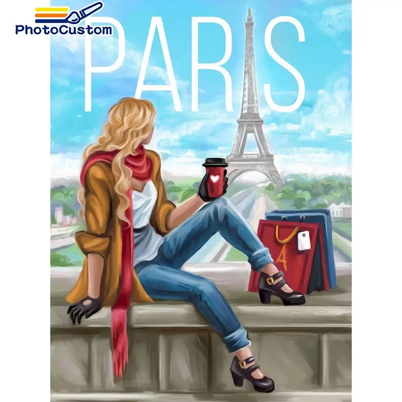 

PhotoCustom Picture By Number PARIS Kits DIY Coloring By Numbers Tower Landscape Drawing On Canvas HandPainted Decor Art Gift