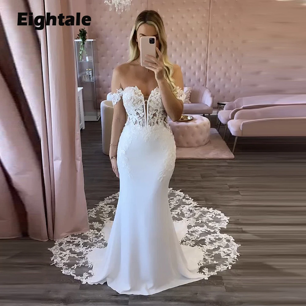 

Eightale Boho Wedding Dresses Mermaid Lace Off Shoulder Court Train Appliques Custom Made Bridal Gown White Ivory hochzeitskleid