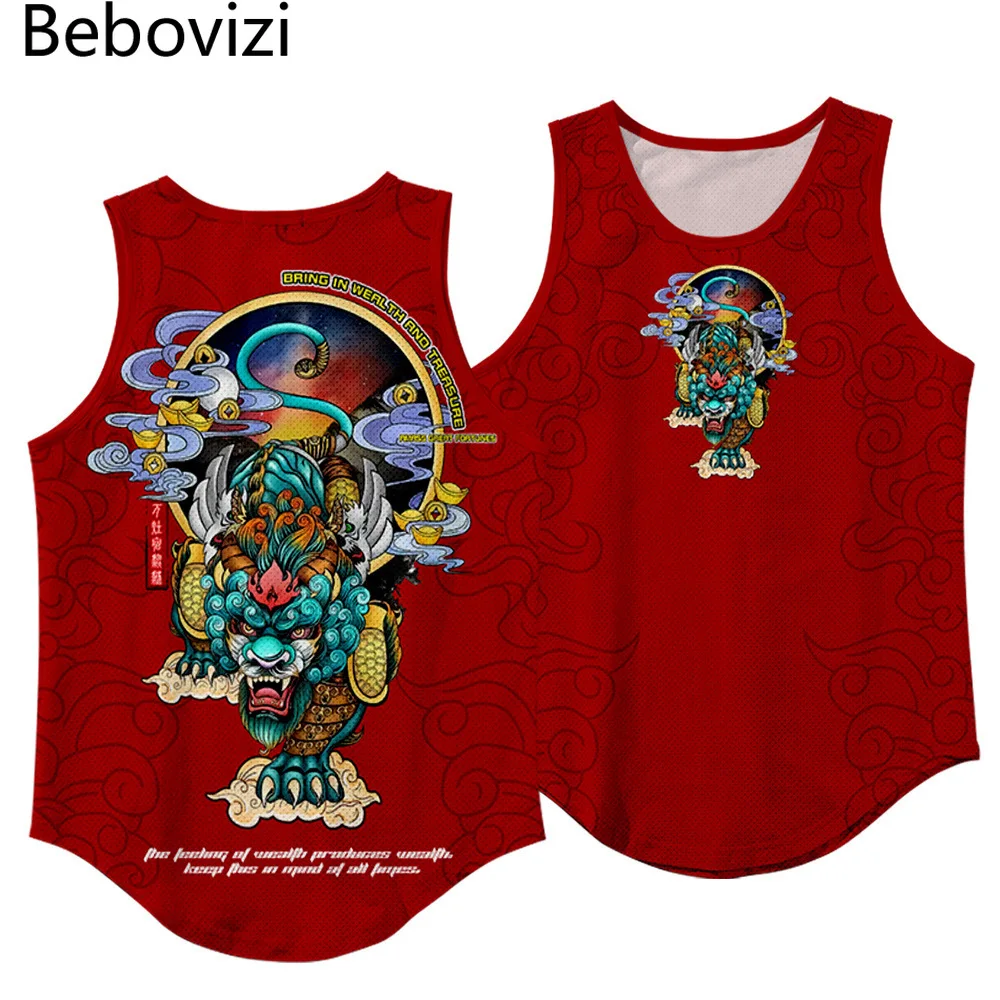 

Summer Red Anime Cartoon Tank Top Streetwear Fitness Singlet Sleeveless Shirt Mesh Vest Workout Man Hip Hop Undershirt Clothing