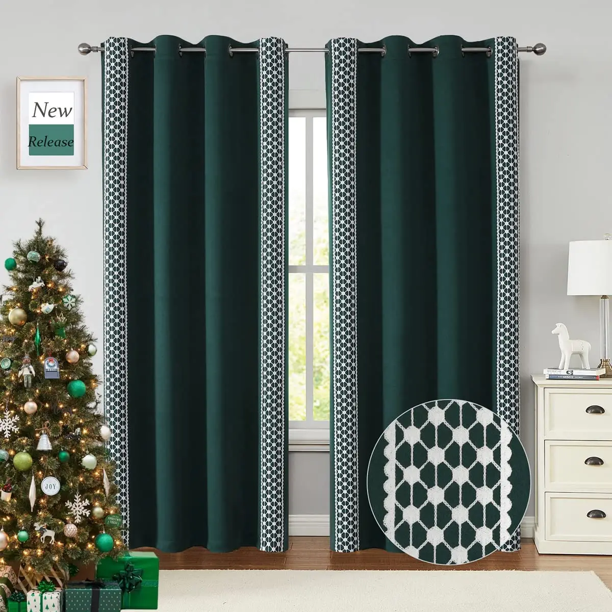 

Dark Green Curtains for Bedroom Emerald Green Christmas Green Embroidery Farmhouse Boho Drapes for Living Room Window Door