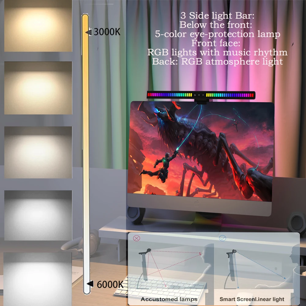 Фото Светодиодная лампа для рабочего стола с RGB-подсветкой и синхронизацией с музыкой, 5 цветов, защита для глаз, подвесная световая панель для ПК, для работы/чтения/учебы №2