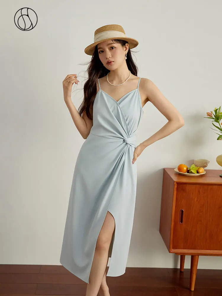 

DUSHU Simple Gentle Romantic Waist Slit Suspender Skirt for Women Summer New Design Sense Slim Thin Long Straps Dress Female