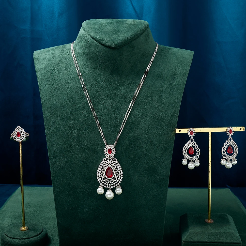 

TIRIM New Fashion Necklace Set For Women Turquoise Pearl Penden Double Chain Necklace Cubic Zirconia UAE Bridal Party Accessory