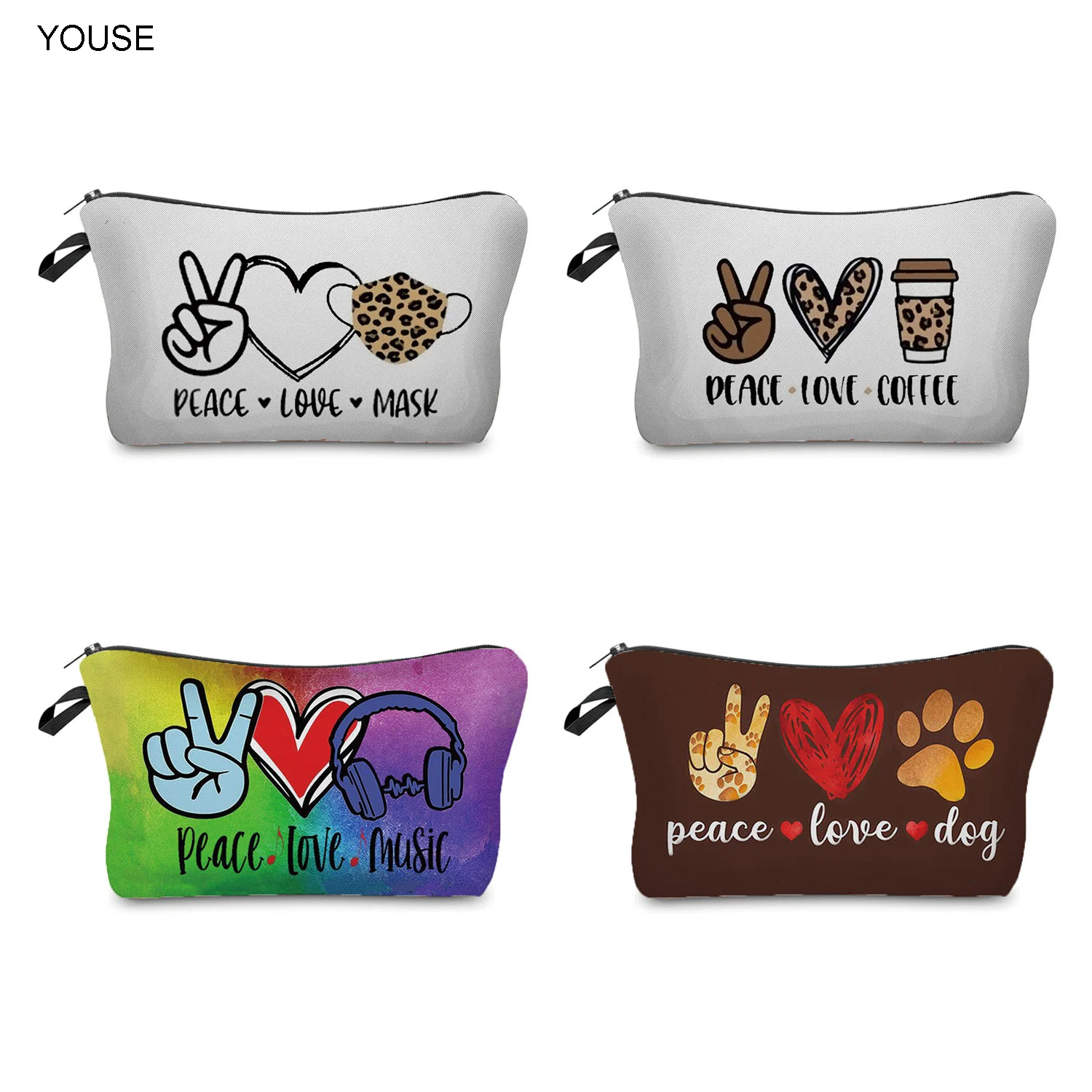 

High Quality Portable Pencil Case Heat Transfer Peace Love Music Print Cosmetic Bags Fashion Pretty Women's Organizer Makeup Bag