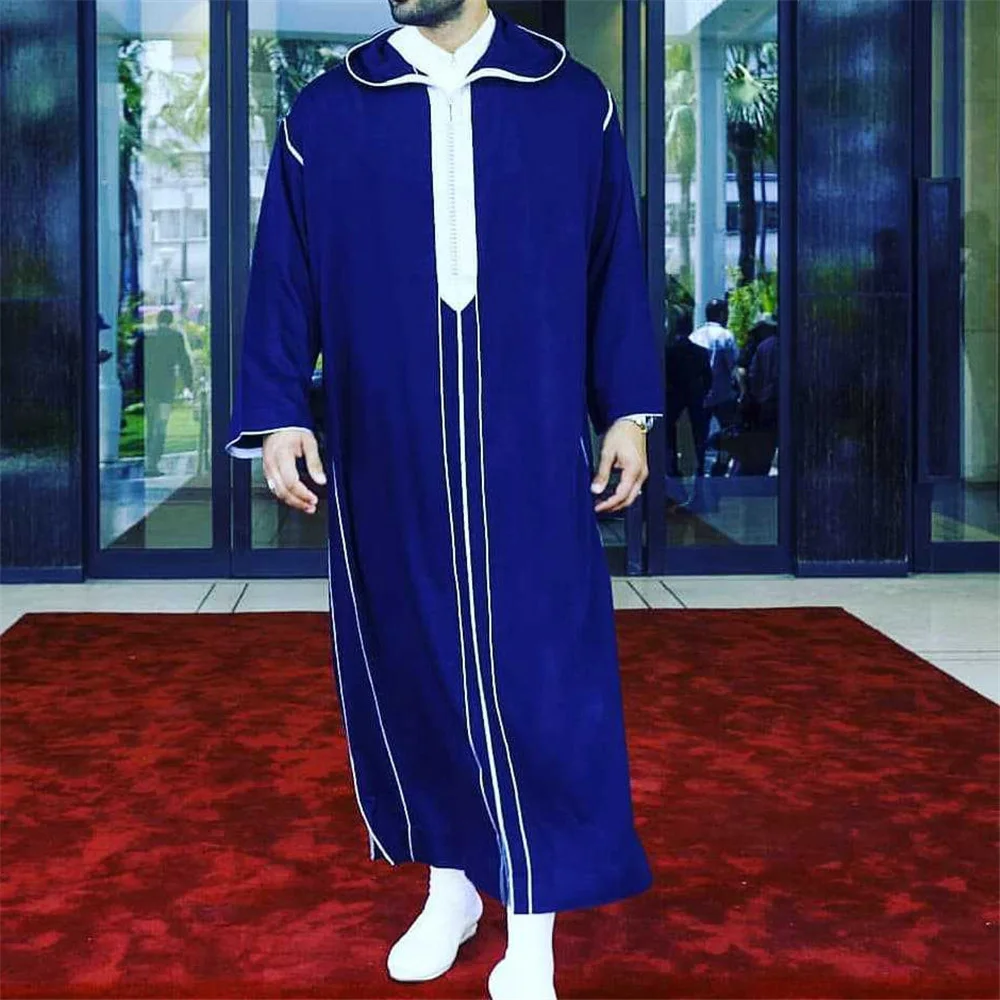 

2022 New Fashion Casual Men's Robe Dark Blue Stand Collar Pakistan Muslim Saudi Arabia Djellaba Islam Clothing Prayer Afghan