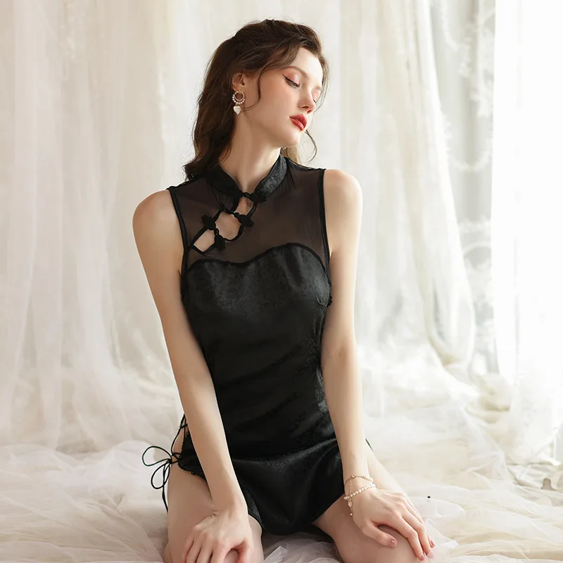 High neck plate button printed cheongsam uniform dress temptation retro sexy nightdress sleeveless side slit strap clothes pajam