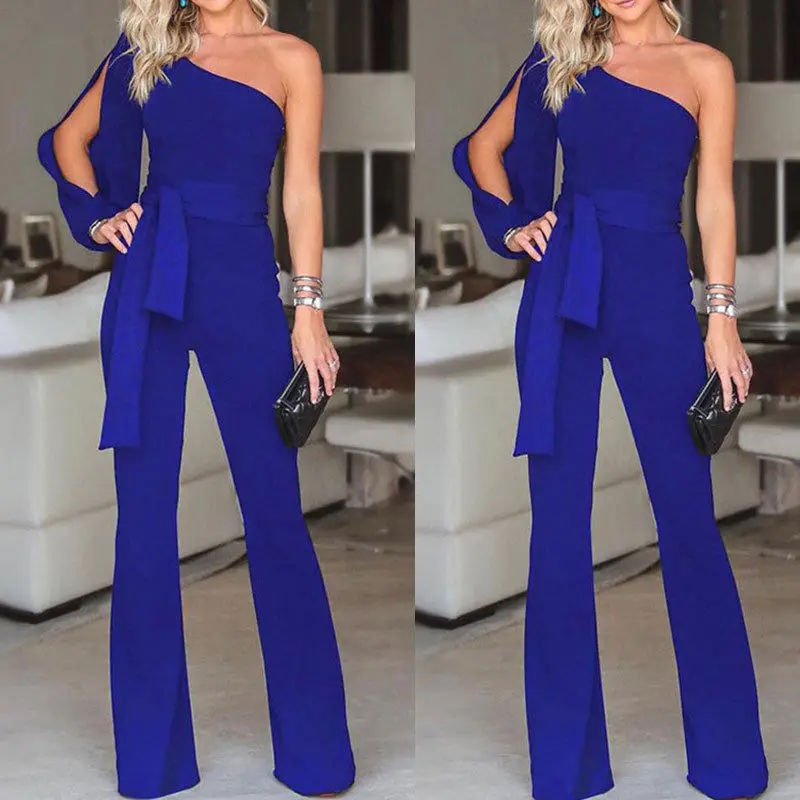 Women Wide Leg One Shoulder Jumpsuit 2021 Sexy Long Romper Female Party Clubwear Lace Up Bow Solid Color Jumpsuits Streetwear