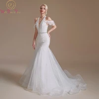 mermaid bride dresses 2022 halter neck lace appliques pearls crystal belt court train novelty wedding gowns off shoulder women