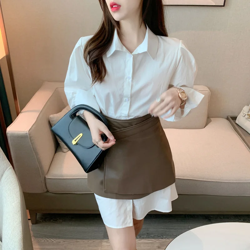 

Женский однобортный осенний костюм с V-образным вырезом в Корейском стиле, модная яркая белая рубашка, универсальная короткая юбка, комплек...