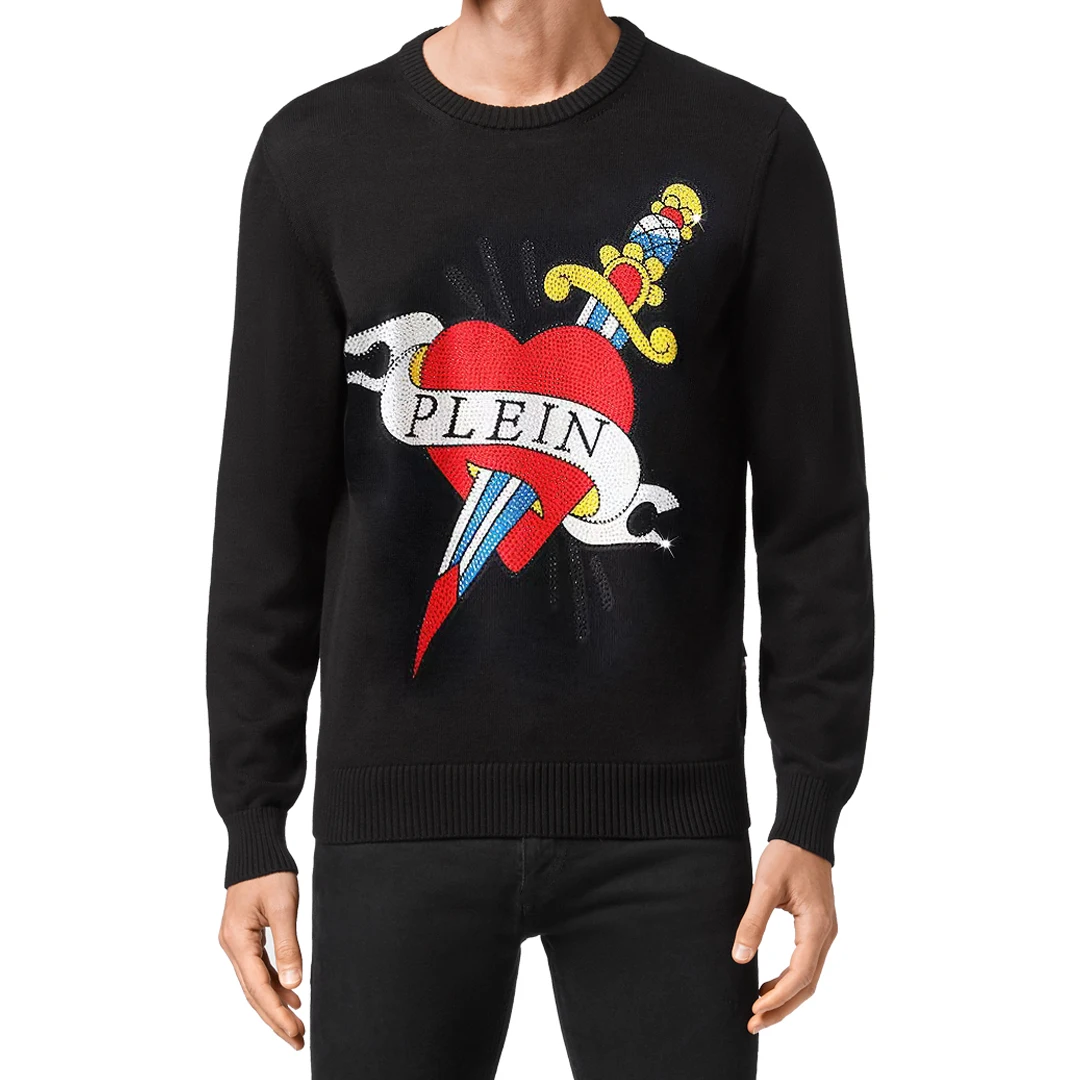 MENS PULLOVER LS Sword Through Heart PLEIN SWEATER Black Men's Rhinestones Tops Comfortable Hip Hop Knitted Sweater | 8122