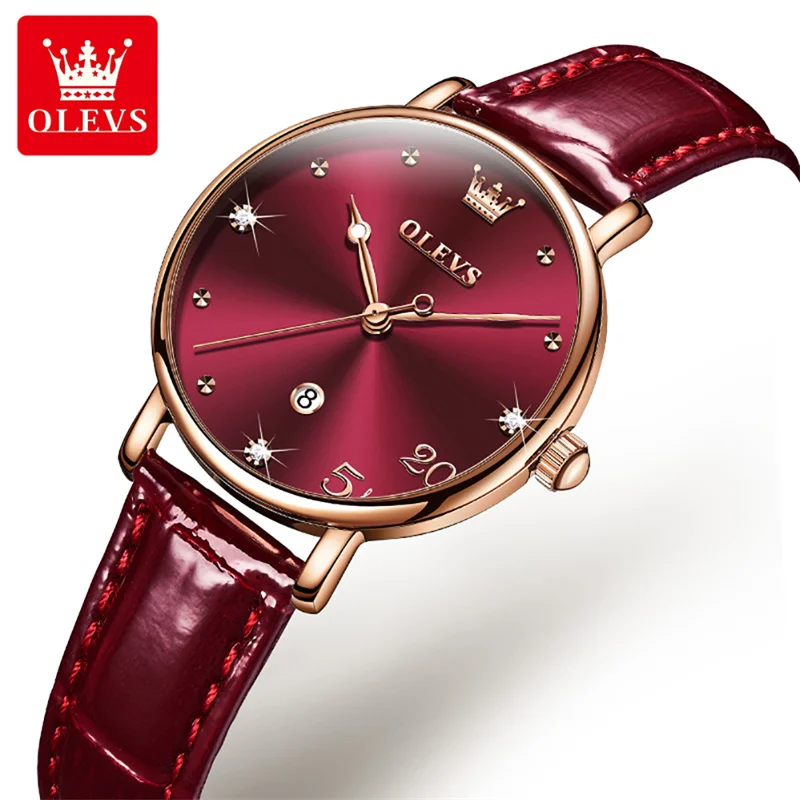 2023 High Quality Watch For Women OLEVS Wine Red Leather Calendar Waterproof Elegant Ladies Watch Dropshipping Reloj Mujer