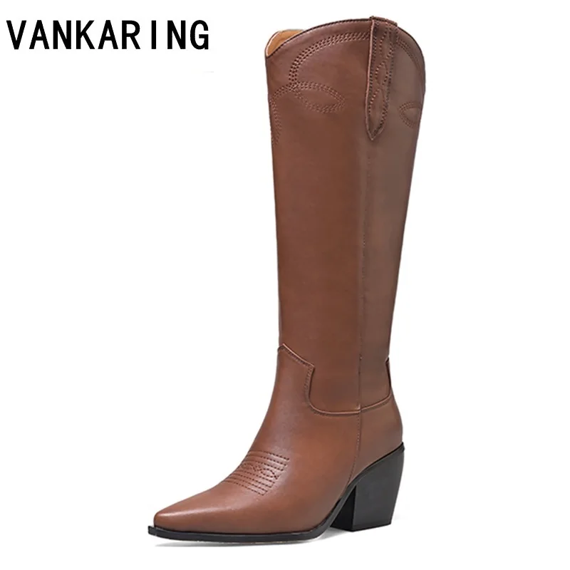 

Женские кожаные ковбойские сапоги до колена, черные или коричневые сапоги на высоком каблуке, с вышивкой, в стиле ретро, Осень-зима