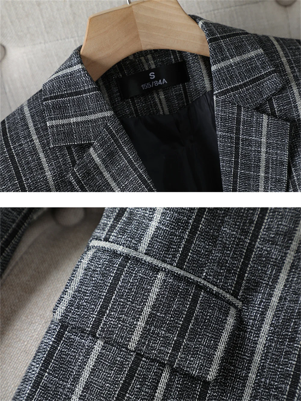 Women Jacket Black Gray Stripe Long Sleeve One Button Slim Coat Female Business Work Wear Blazer