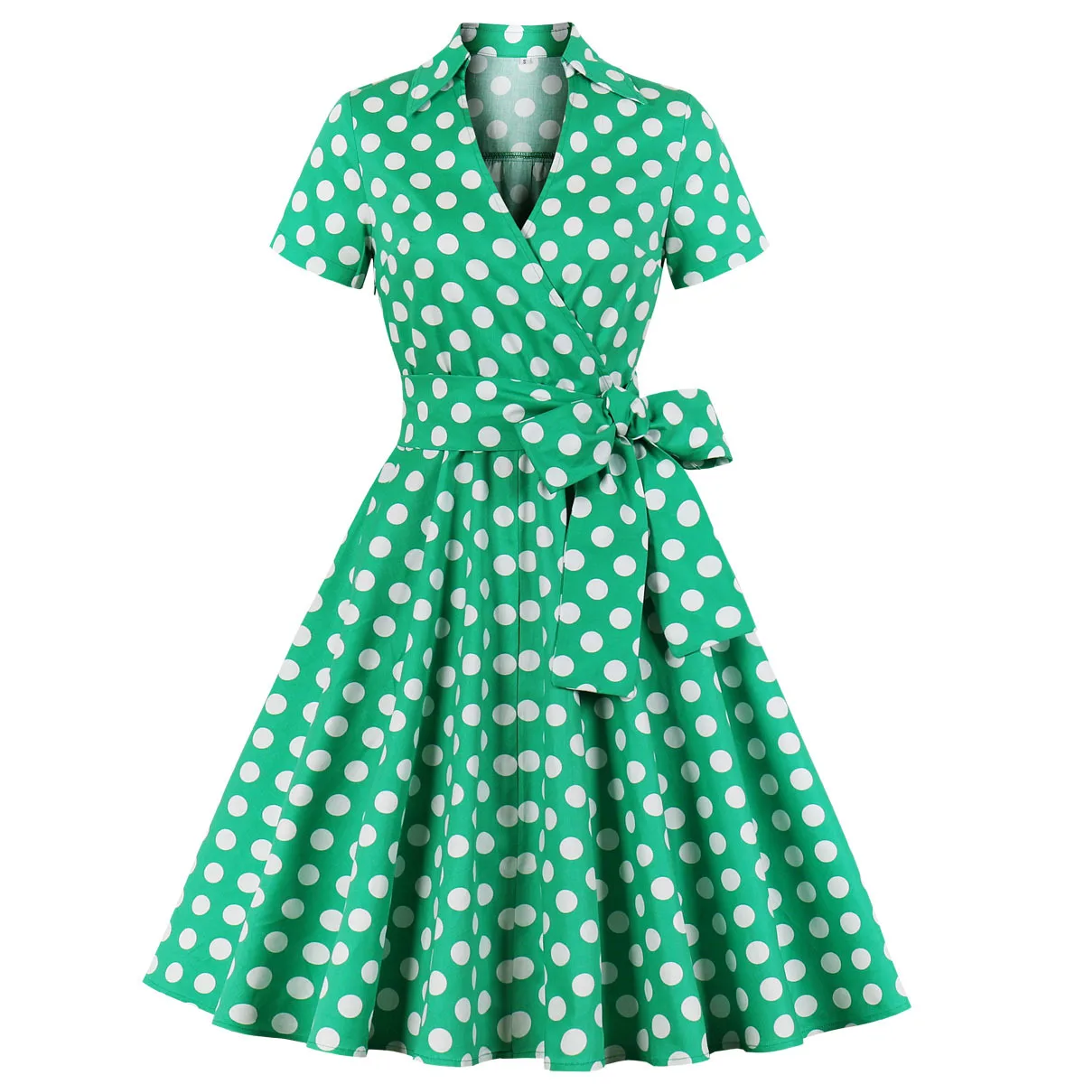 

Women Vintage Polka Dots Retro Rockabilly Dress With Belt Cocktail Party 1950s 40s Swing Short Sleeves Office Flare Casual Dress