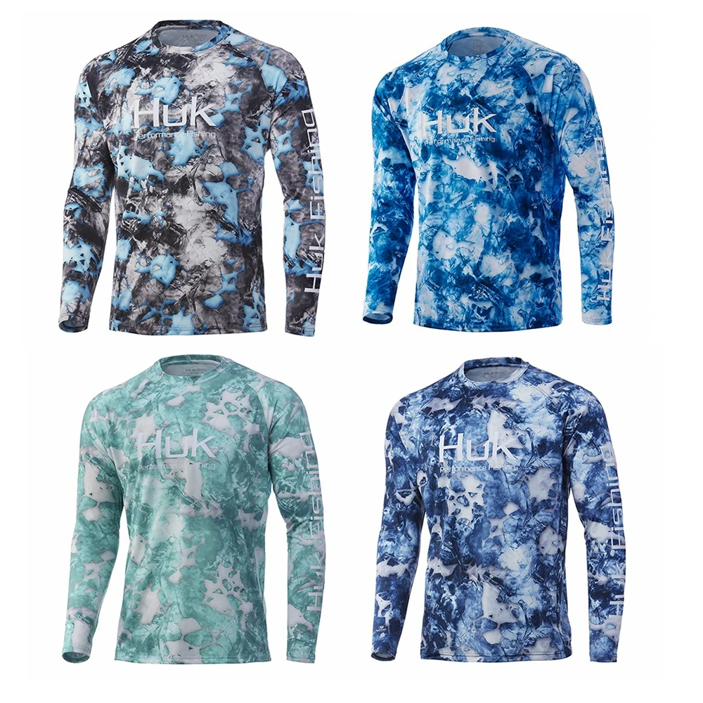 

HUK Fishing Shirt Men Summer Outdoor Fishing Clothing Sunscreen Long Sleeve Fish Print Casual Shirt Anti-UV Fishing Shirt UPF 50