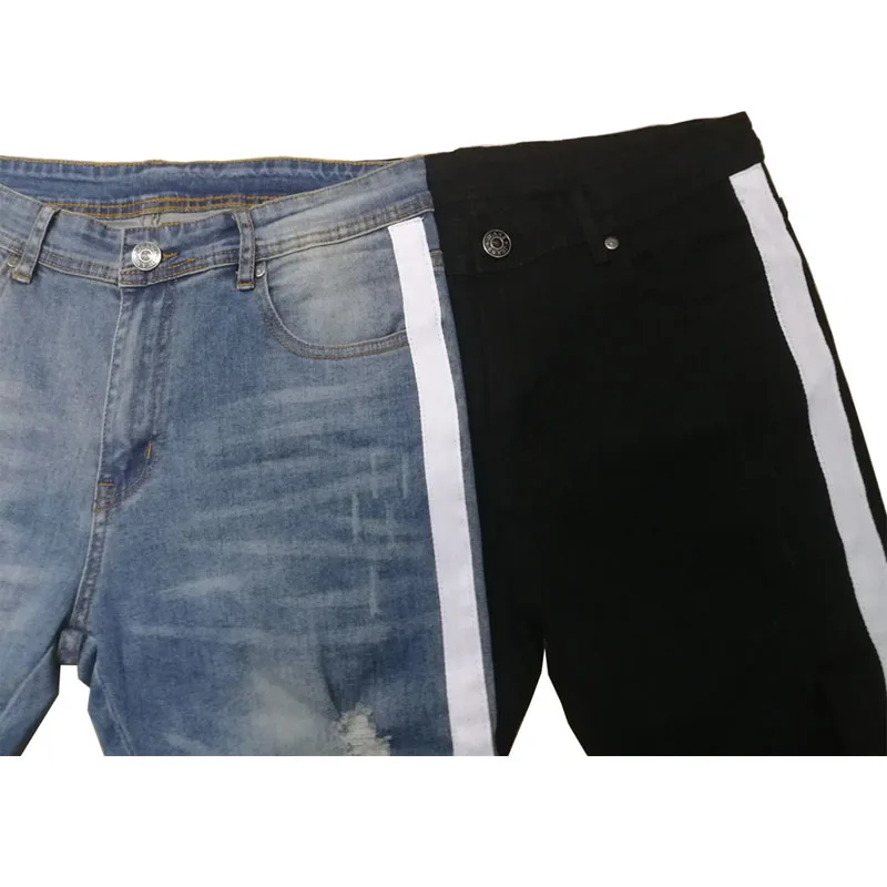 22ss Fashion Streetwear Jeans for Men White Striped Mid Waist Jeans Big Ripped Stretch Slim Jeans Men Right Angle Pencil Pants