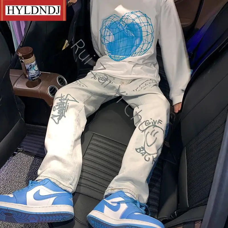 Men's Korean Version Loose and Fashionable Floor Long Pants 2023 New Personalized Printed Straight Fashion Brand Jeans
