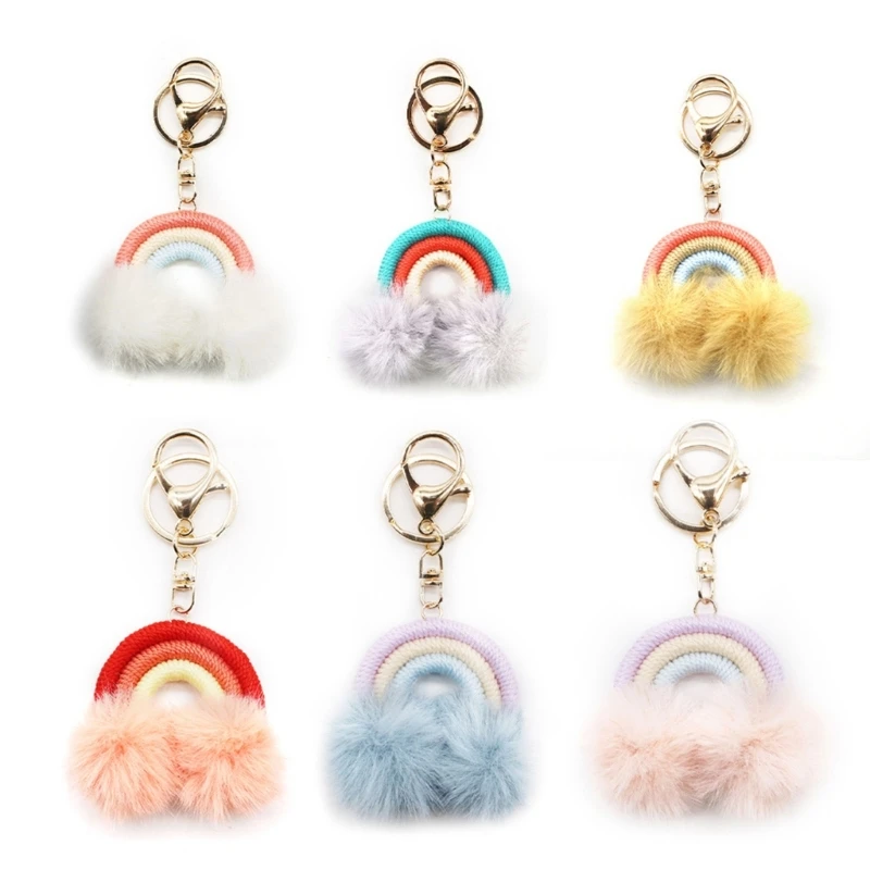 

E0BF Rainbow Pendant Keychain Weaving Rainbow Plush Balls Keyring Backpack Decoration