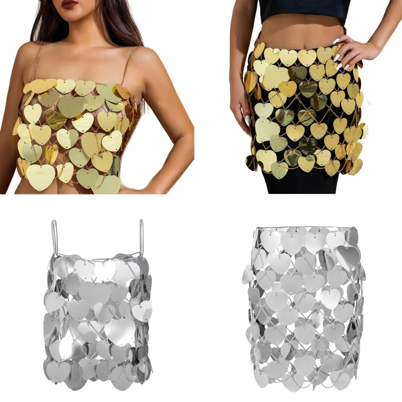

Heart Sequins Skirt Crop Tops Body Chain Cover Up Clubwear Body Jewelry