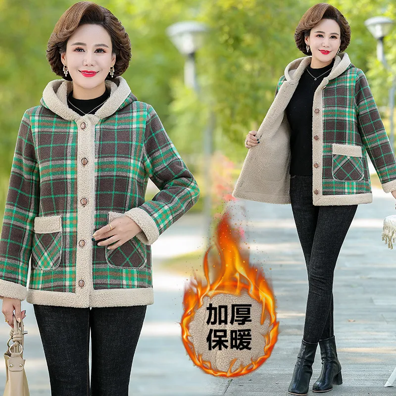 

Middle-aged mothers Splicing Lamb velvet Jacket Autumn Winter Slim Thick Plaid Hooded Coat Short Womens Warm Parkas Outwear