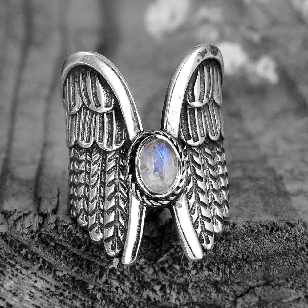 

Thai Silver Angel Wings Ring For Women Vintage Design Moonstone Engagement Feather Ring Womens Unique Jewelry Party jewelry