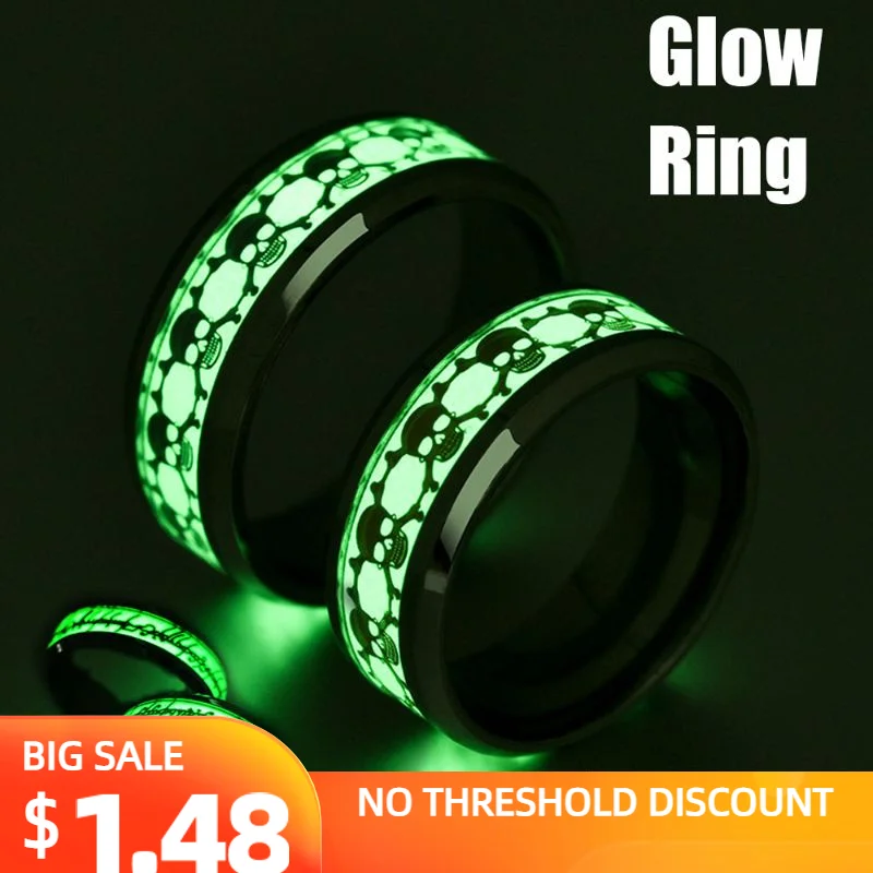 

Fashion Luminous Skull Ring Mysterious Rune Retro Stainless Steel Fluorescent Rings For Men Couple Rings Luxury Jewelry Gift