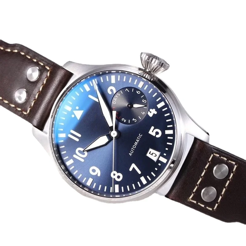 

Mens Mechanical Watch Automatic Brown Leather Blue Dial 7 Days Power Sapphire Glass Waterproof Wristwatch