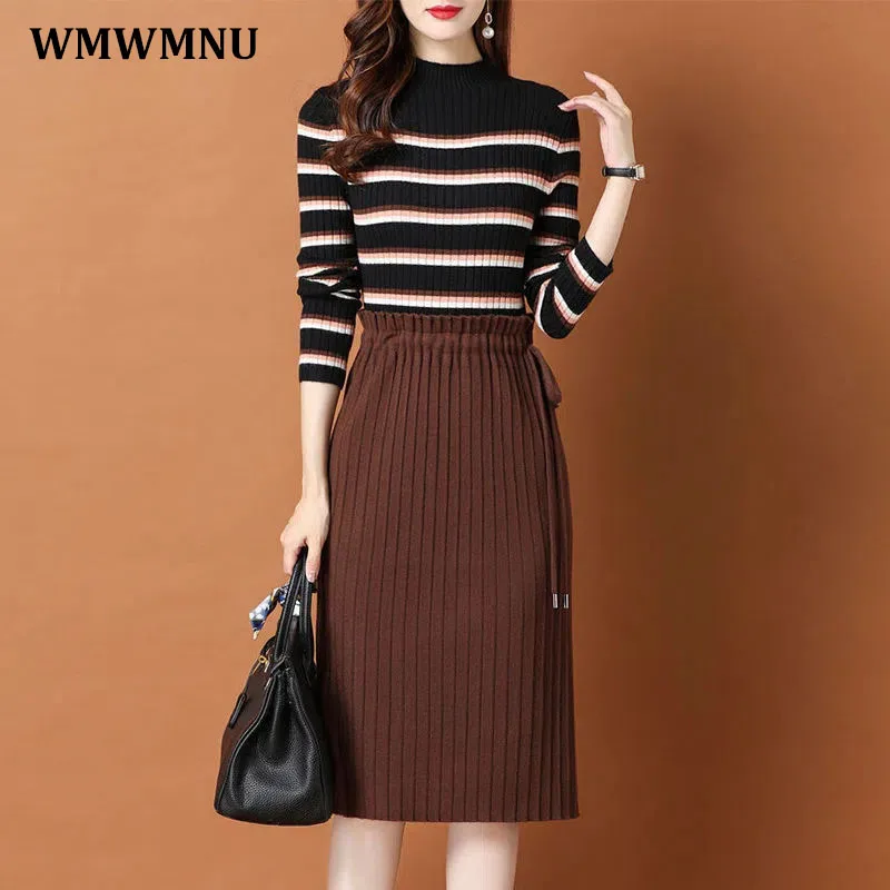 

Vintage Striped Patchwork Knitted Dress Women Fall Winter Warm Vestidos Fake Two Piece Casual Half Turtleneck Sweater Dresses