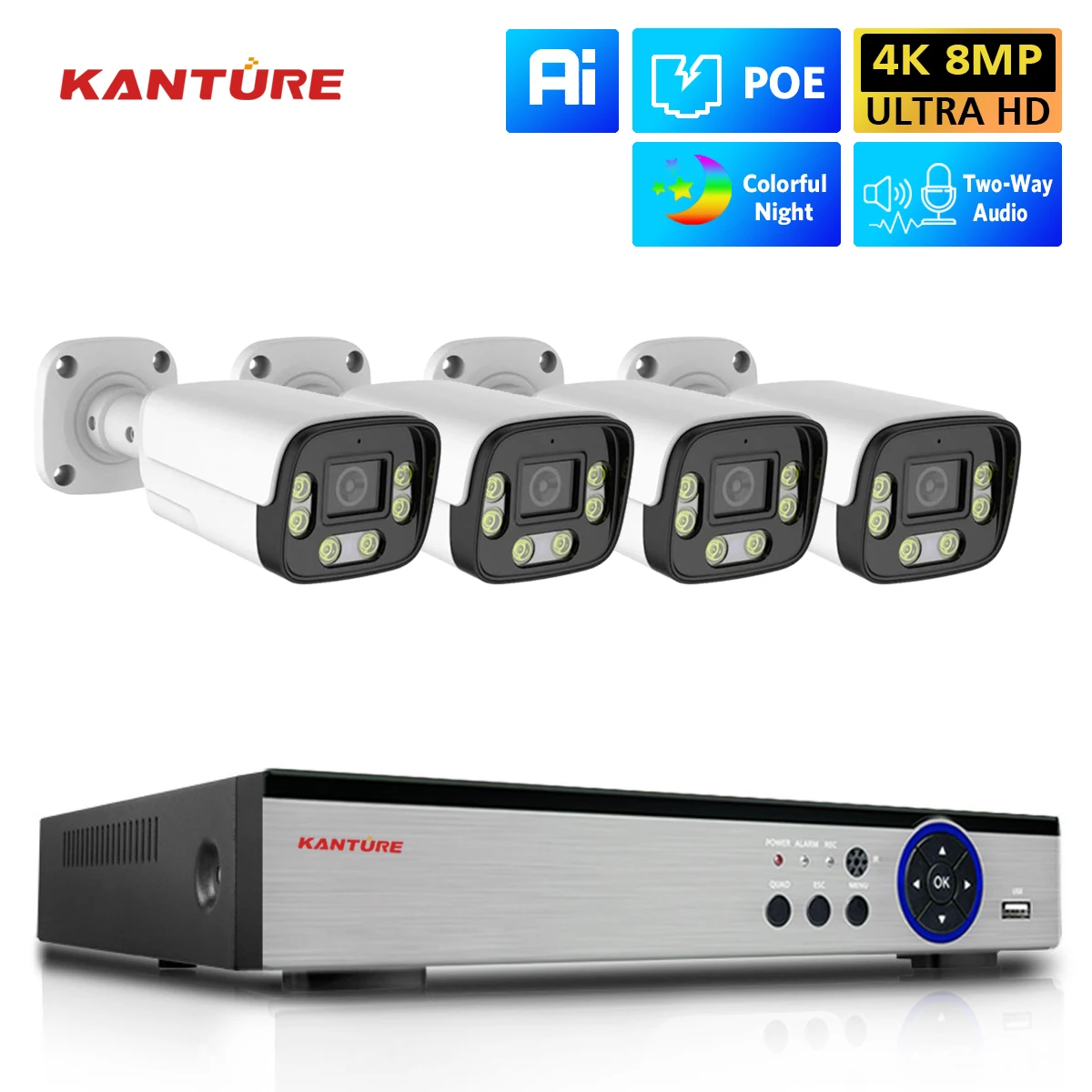 

Система видеонаблюдения KANTURE 8CH 4K Ai с обнаружением человека, 8 Мп, наружная Двухсторонняя аудиосвязь, цветная камера ночного видения, комплект видеонаблюдения Xmeye P2P