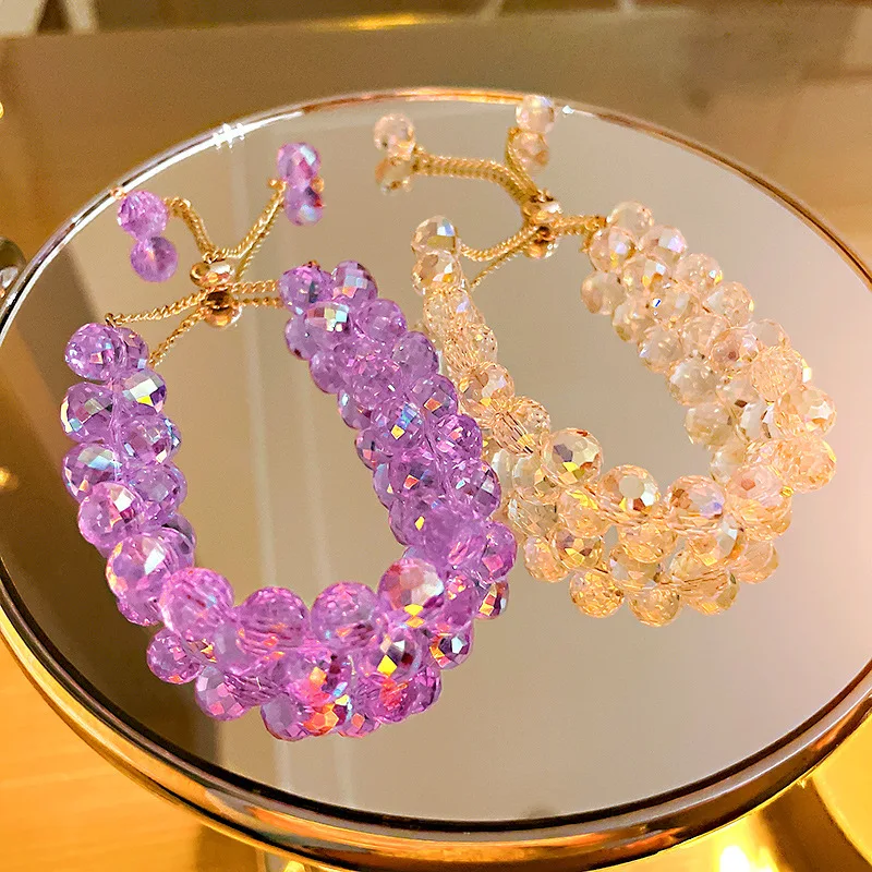 

Minar Elegant 3 Colors Shiny Crystal Beaded Bracelet for Women Korean Trendy Purple Pink Transparent Adjusting Bracelets Jewelry