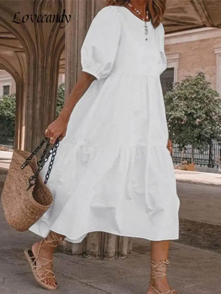 

Lantern Sleeve Dress Women 2023 Summer Vintage Solid Color Party Beach Holiday Midi Dresses Female O Neck Sundress Dresses Robe