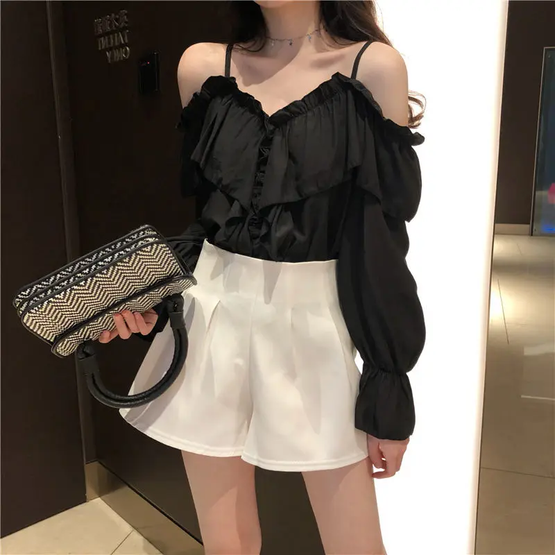 Korean V Neck Sling with Ruffle Loose Flare Sleeve Shirt Tops Solid Color Off Shoulder Blouse Fashion Casual Women Clothing