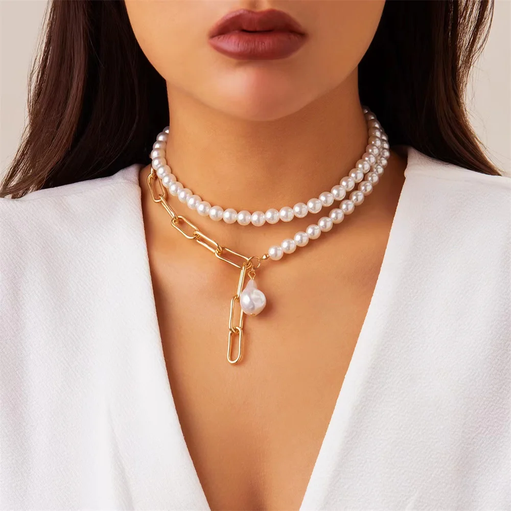 

NCEE New Vintage Imitation-Pearl Heart OT Buckle Pendant Necklace Women Wedding Bridal Bead Chain Neck Accessories Jewelry Gift