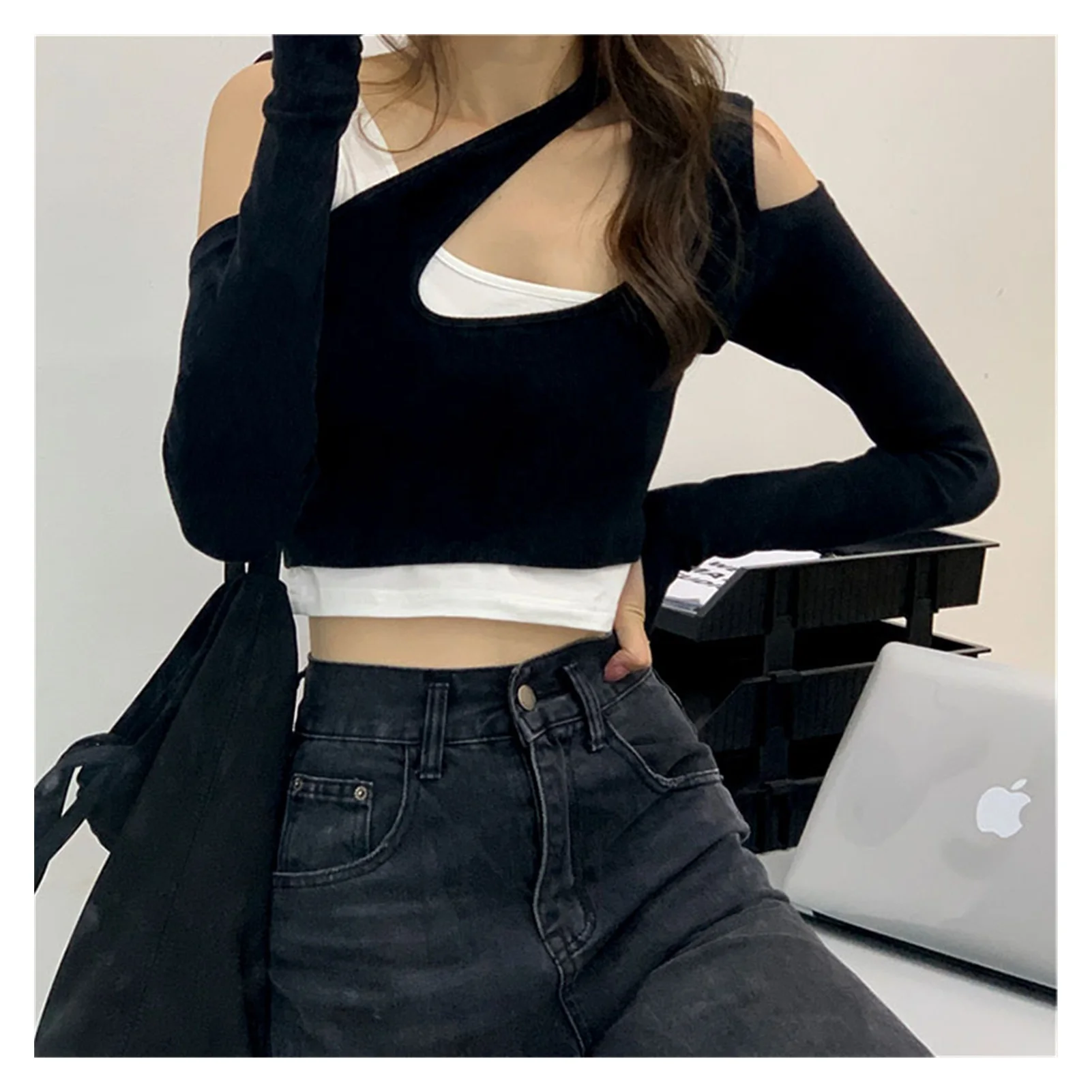 2022NEW INS Super Popular Design Korean Style Fake Two-Piece T-shirts Women 2022 New Bandage Dress Sneaky |