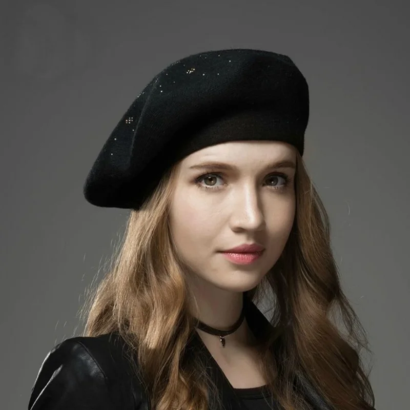

Fashion Women Berets Hat Solid Color Wool Knitted Berets with Rhinestones Ladies French Artist Beanie Beret Hat Beret Hat Women