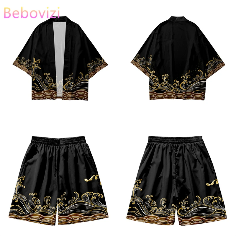 

Men women Yukata Clothing Harajuku Retro Samurai Kimono Shorts Pants Sets Two-piece Suit Cardigan girls Boy Robe