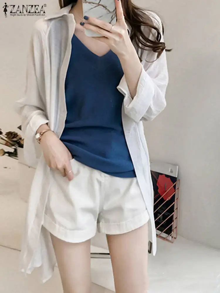 

Праздничная блузка ZANZEA с воротником с лацканами, повседневные свободные Женские однотонные длинные рубашки, Модный Кардиган с длинным рукавом, летние топы с Боковым Разрезом 2023