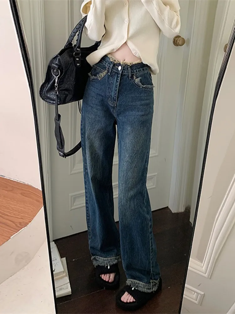 

GUUZYUVIZ Vintage Loose Female Denim Trousers 2022 Casual Tassle High Waist Jeans Women Streetwear Wide Legs Pants