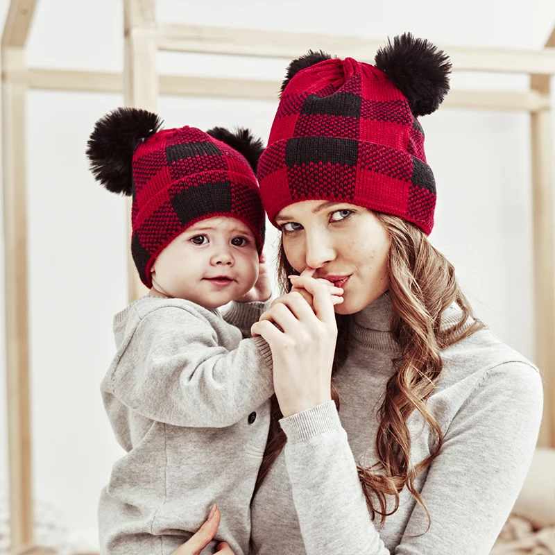 

New Womens Beanie Hat Winter Fashion Parent-child Wool Ball Warm Knitted Hats Outdoor Children Red Black Lattice Christmas Cap