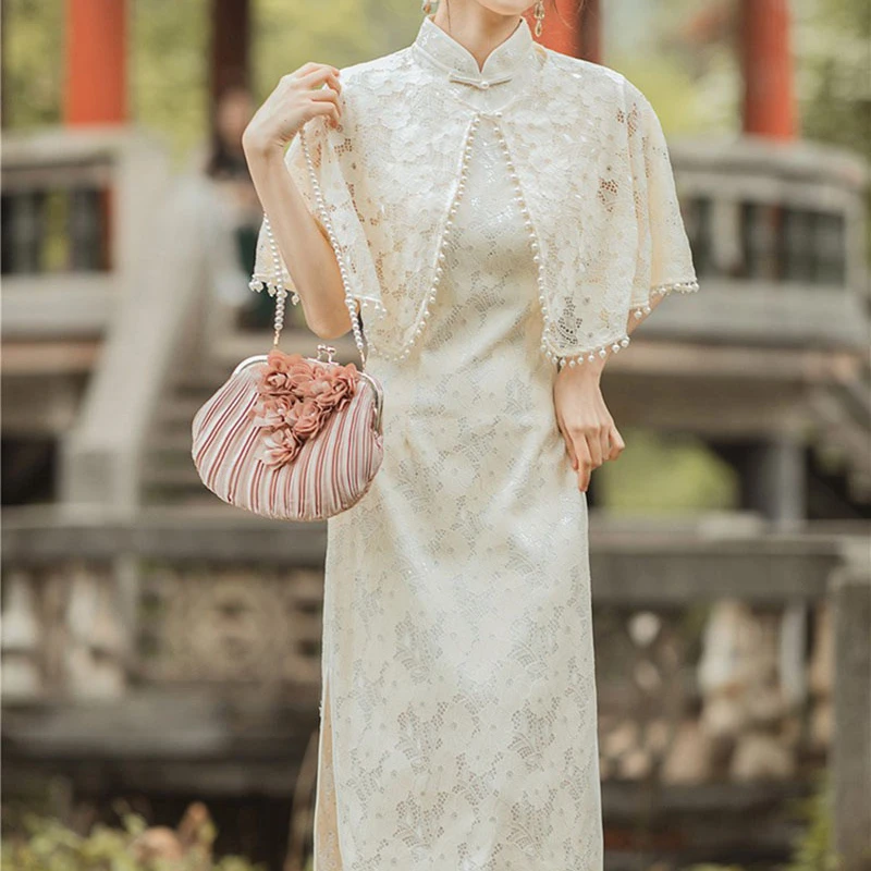 

Традиционное китайское женское весеннее традиционное платье Ципао с шалью, кружевное винтажное платье с коротким рукавом, платье Ципао