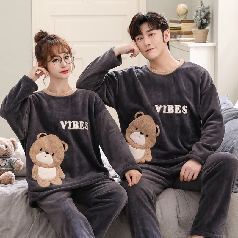 2022 Winter Couple Long Sleeve Thick Warm Flannel Pajama Sets For Men Korean Cute Cartoon Sleepwear Women Homewear Home Clothes